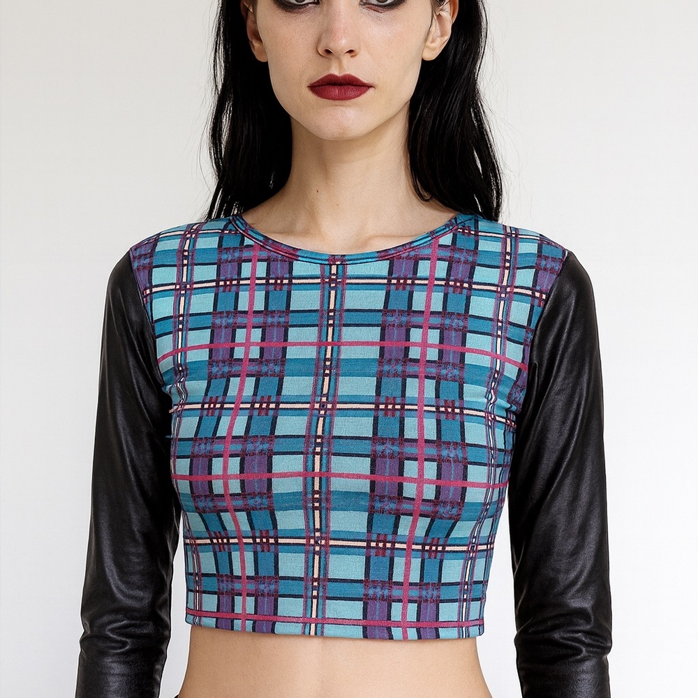 Plaid Crop Top with Faux Leather Sleeves Small